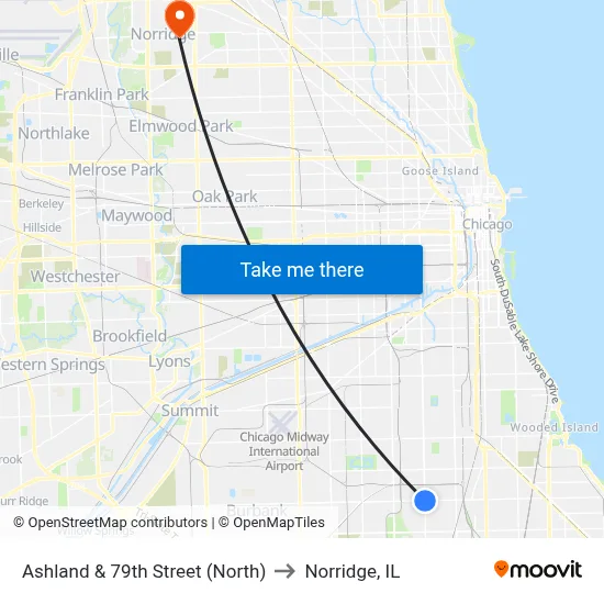Ashland & 79th Street (North) to Norridge, IL map