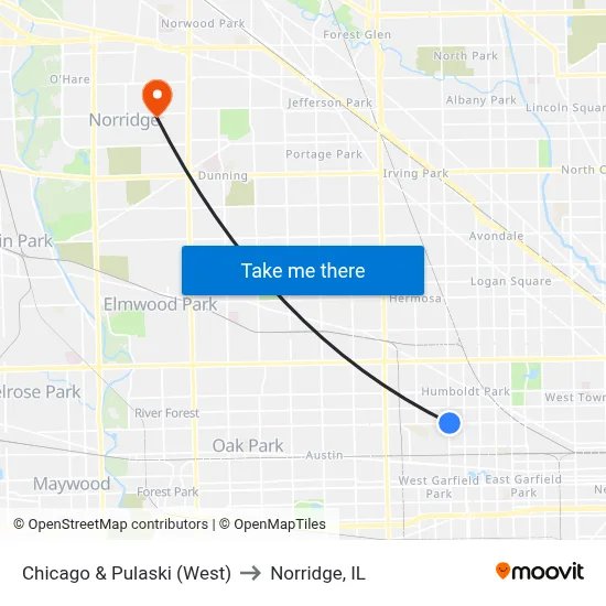 Chicago & Pulaski (West) to Norridge, IL map