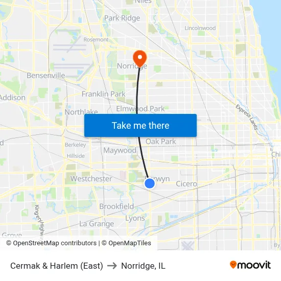 Cermak & Harlem (East) to Norridge, IL map