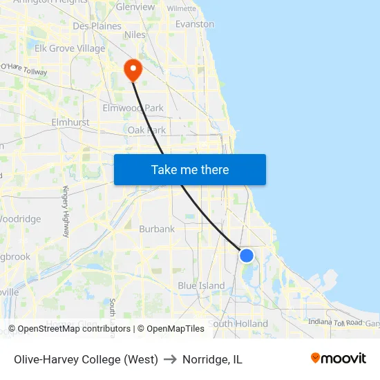 Olive-Harvey College (West) to Norridge, IL map