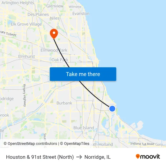 Houston & 91st Street (North) to Norridge, IL map