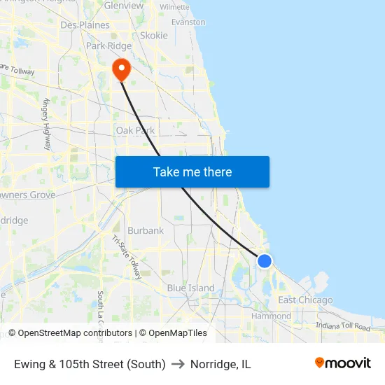 Ewing & 105th Street (South) to Norridge, IL map