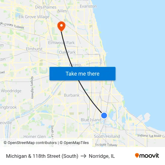 Michigan & 118th Street (South) to Norridge, IL map