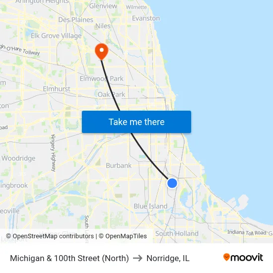 Michigan & 100th Street (North) to Norridge, IL map