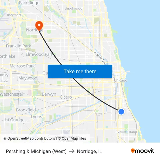 Pershing & Michigan (West) to Norridge, IL map