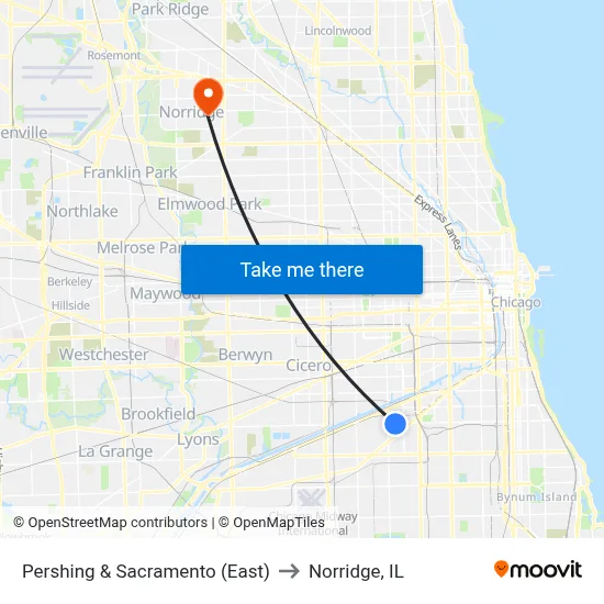 Pershing & Sacramento (East) to Norridge, IL map