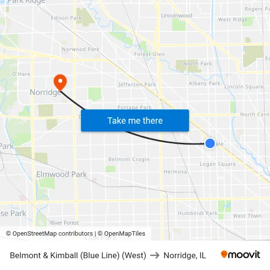 Belmont & Kimball (Blue Line) (West) to Norridge, IL map