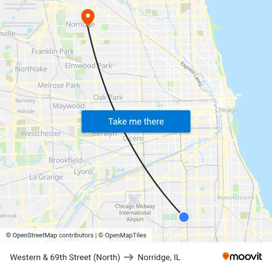 Western & 69th Street (North) to Norridge, IL map