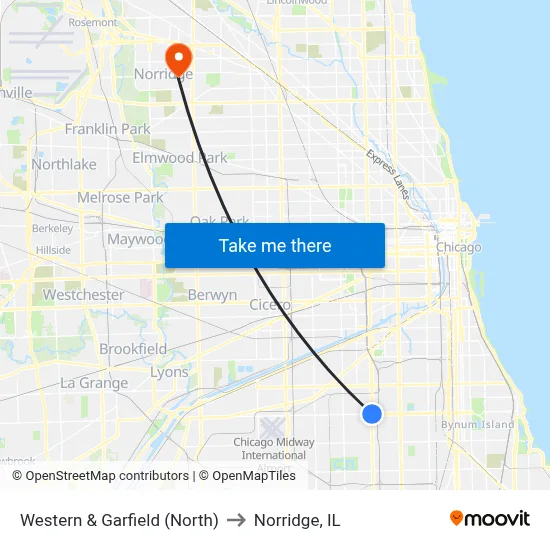 Western & Garfield (North) to Norridge, IL map