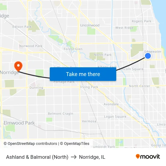 Ashland & Balmoral (North) to Norridge, IL map