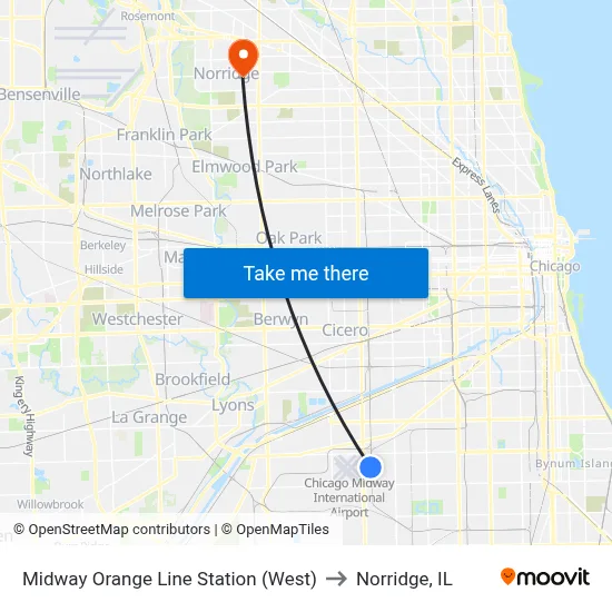 Midway Orange Line Station (West) to Norridge, IL map