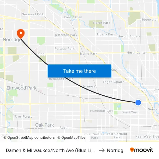 Damen & Milwaukee/North Ave (Blue Line) (North) to Norridge, IL map