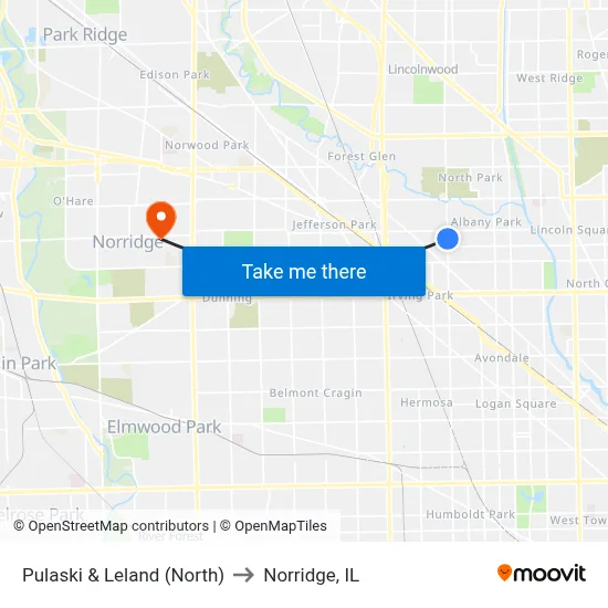 Pulaski & Leland (North) to Norridge, IL map