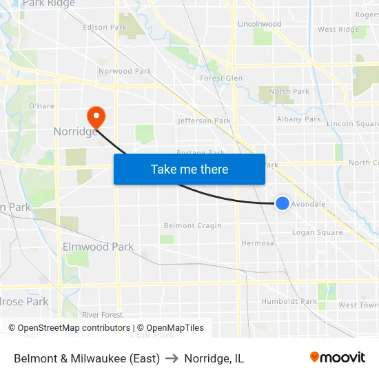 Belmont & Milwaukee (East) to Norridge, IL map