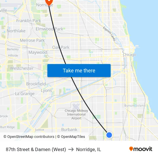 87th Street & Damen (West) to Norridge, IL map