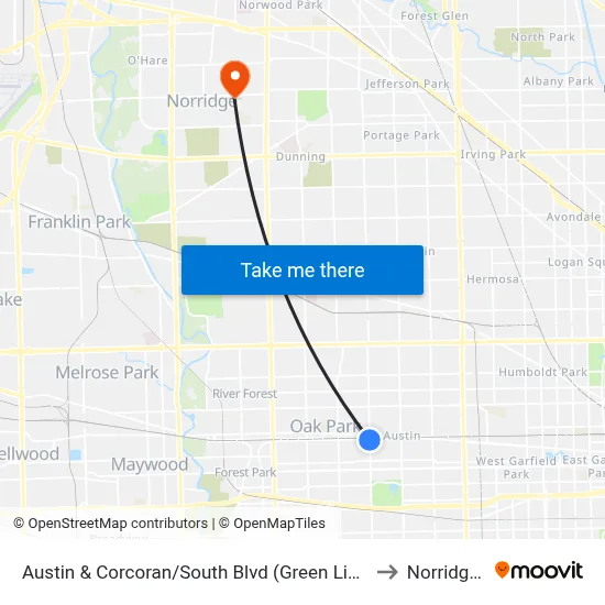 Austin & Corcoran/South Blvd (Green Line) (North) to Norridge, IL map