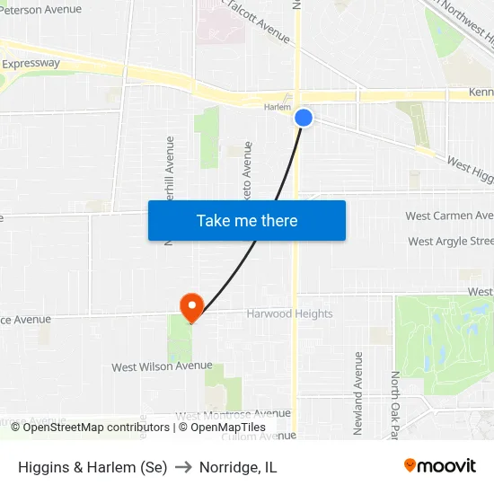 Higgins & Harlem (Se) to Norridge, IL map