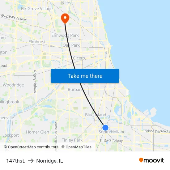 147thst. to Norridge, IL map