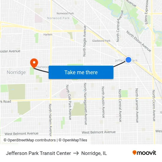 Jefferson Park Transit Center to Norridge, IL map