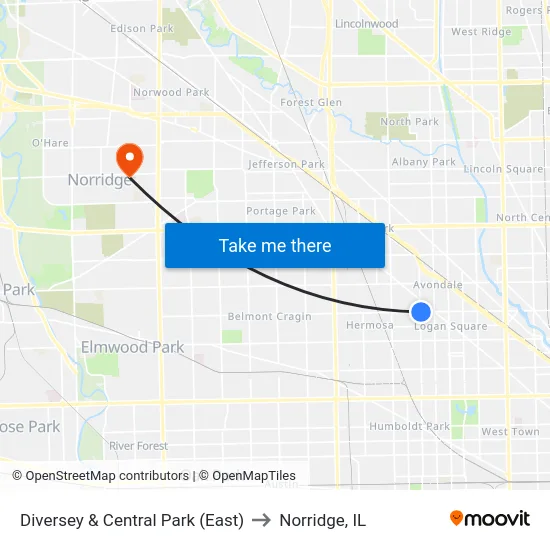 Diversey & Central Park (East) to Norridge, IL map