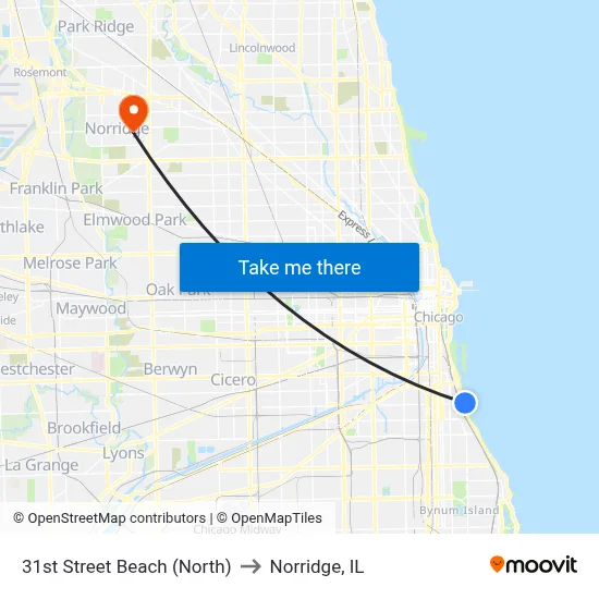 31st Street Beach (North) to Norridge, IL map