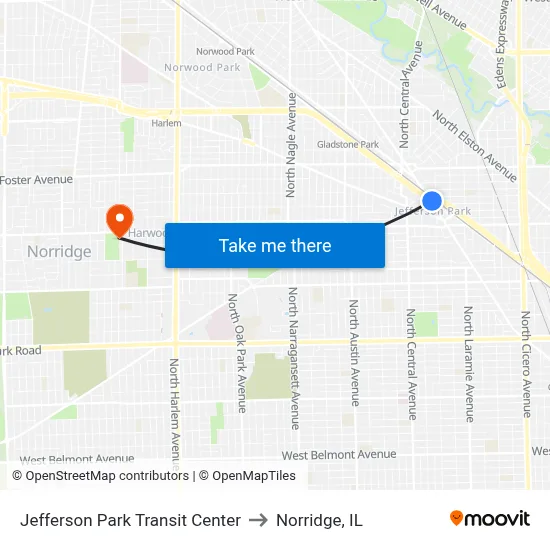Jefferson Park Transit Center to Norridge, IL map