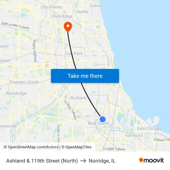 Ashland & 119th Street (North) to Norridge, IL map