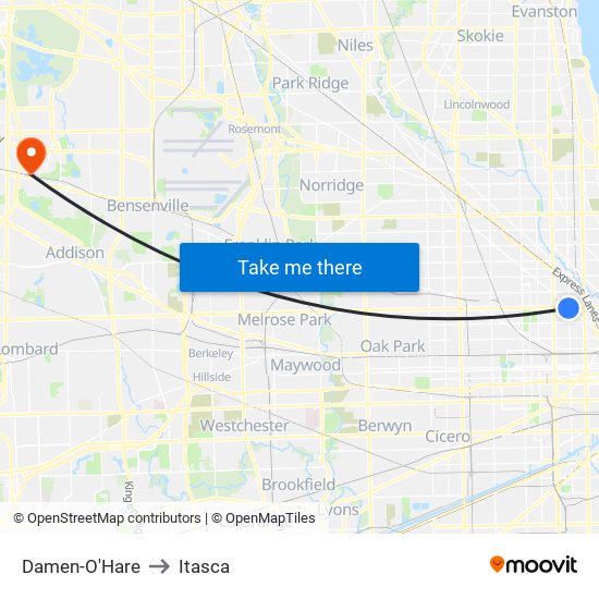 Damen-O'Hare to Itasca map