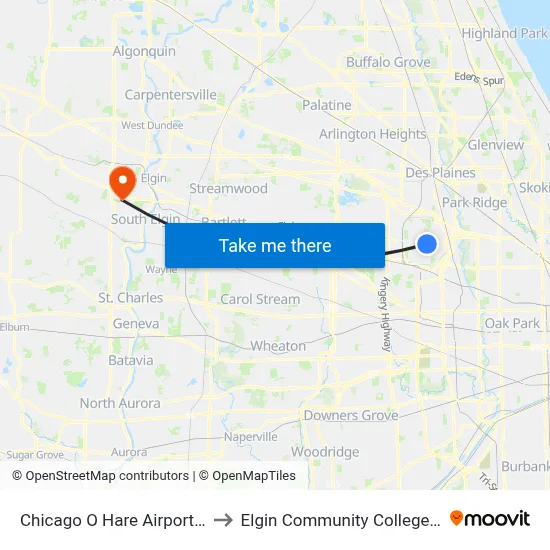 Chicago O Hare Airport ORD to Elgin Community College MPC map