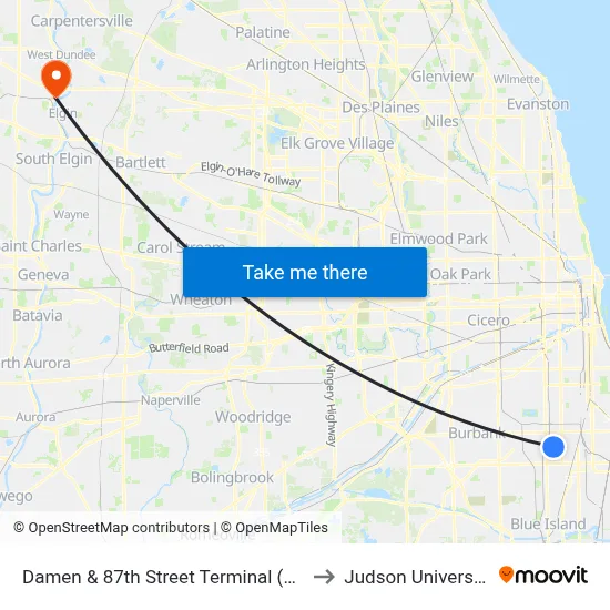 Damen & 87th Street Terminal (Se) to Judson University map
