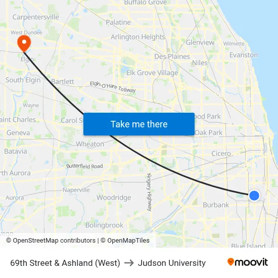 69th Street & Ashland (West) to Judson University map