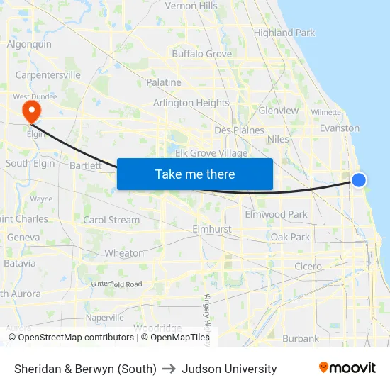 Sheridan & Berwyn (South) to Judson University map