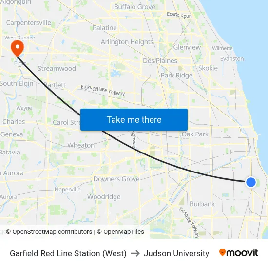 Garfield Red Line Station (West) to Judson University map
