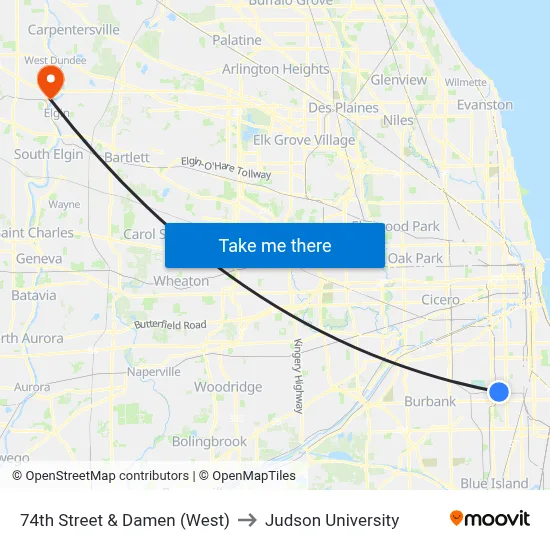 74th Street & Damen (West) to Judson University map