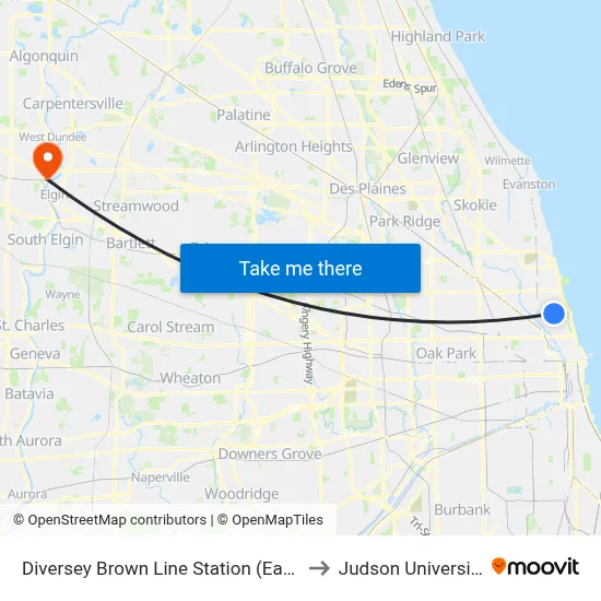 Diversey Brown Line Station (East) to Judson University map