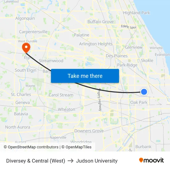 Diversey & Central (West) to Judson University map
