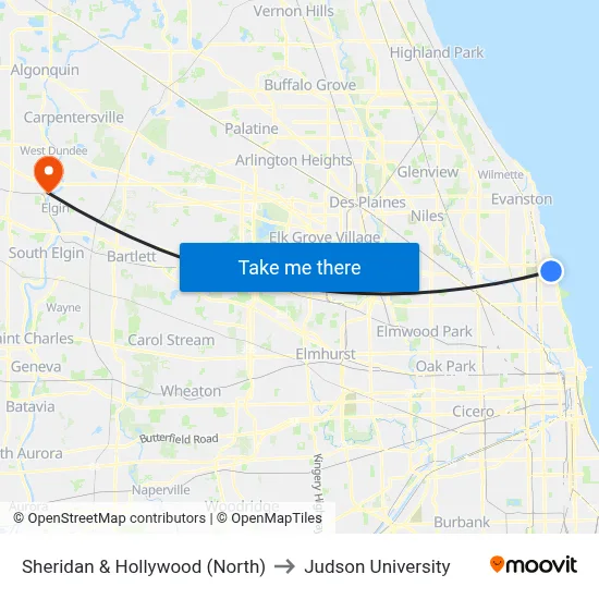 Sheridan & Hollywood (North) to Judson University map