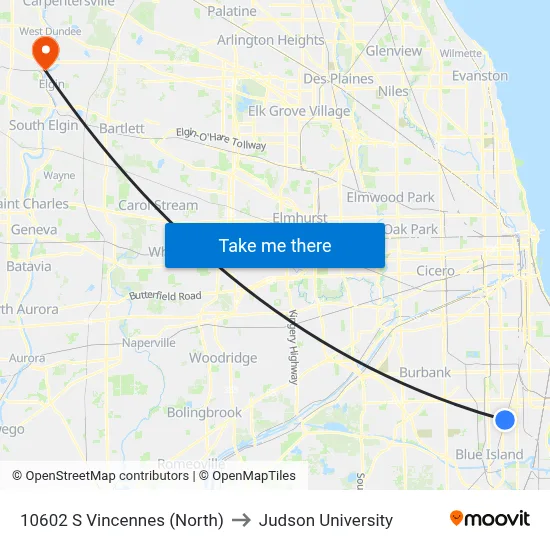 10602 S Vincennes (North) to Judson University map