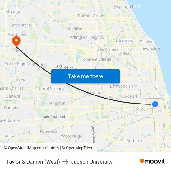 Taylor & Damen (West) to Judson University map