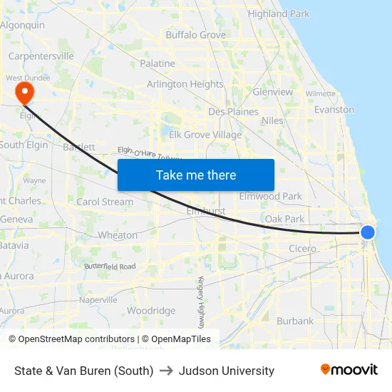 State & Van Buren (South) to Judson University map