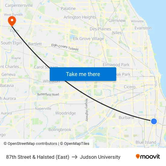 87th Street & Halsted (East) to Judson University map