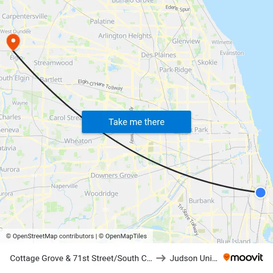 Cottage Grove & 71st Street/South Chicago (North) to Judson University map