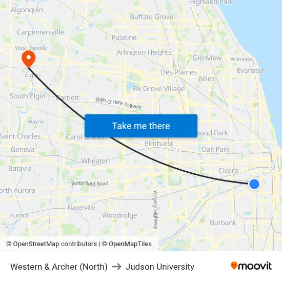 Western & Archer (North) to Judson University map