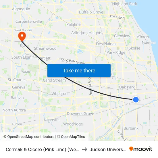 Cermak & Cicero (Pink Line) (West) to Judson University map