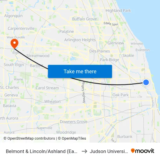 Belmont & Lincoln/Ashland (East) to Judson University map