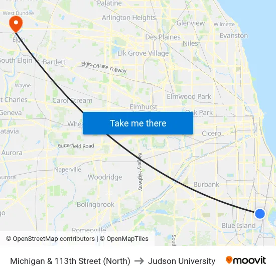 Michigan & 113th Street (North) to Judson University map