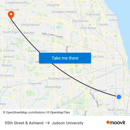 95th Street & Ashland to Judson University map