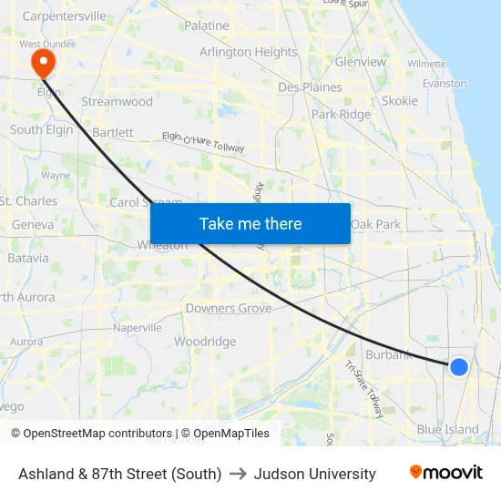Ashland & 87th Street (South) to Judson University map