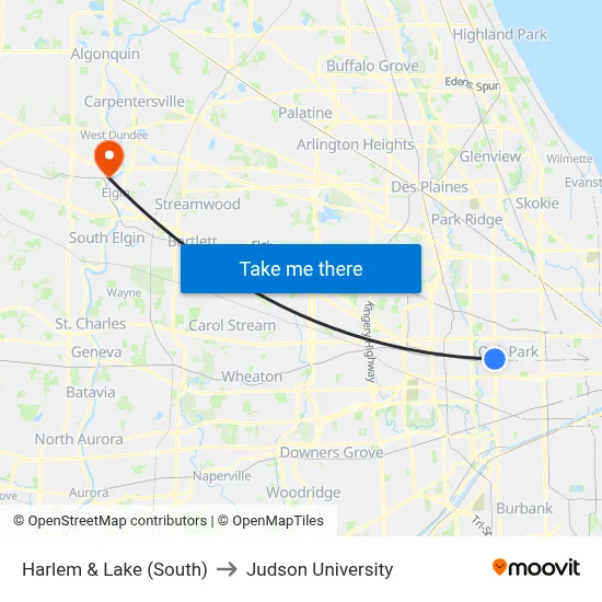 Harlem & Lake (South) to Judson University map