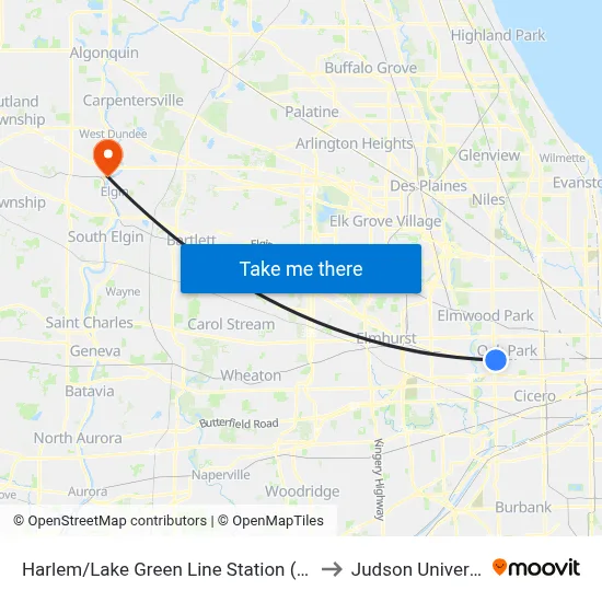 Harlem/Lake Green Line Station (West) to Judson University map